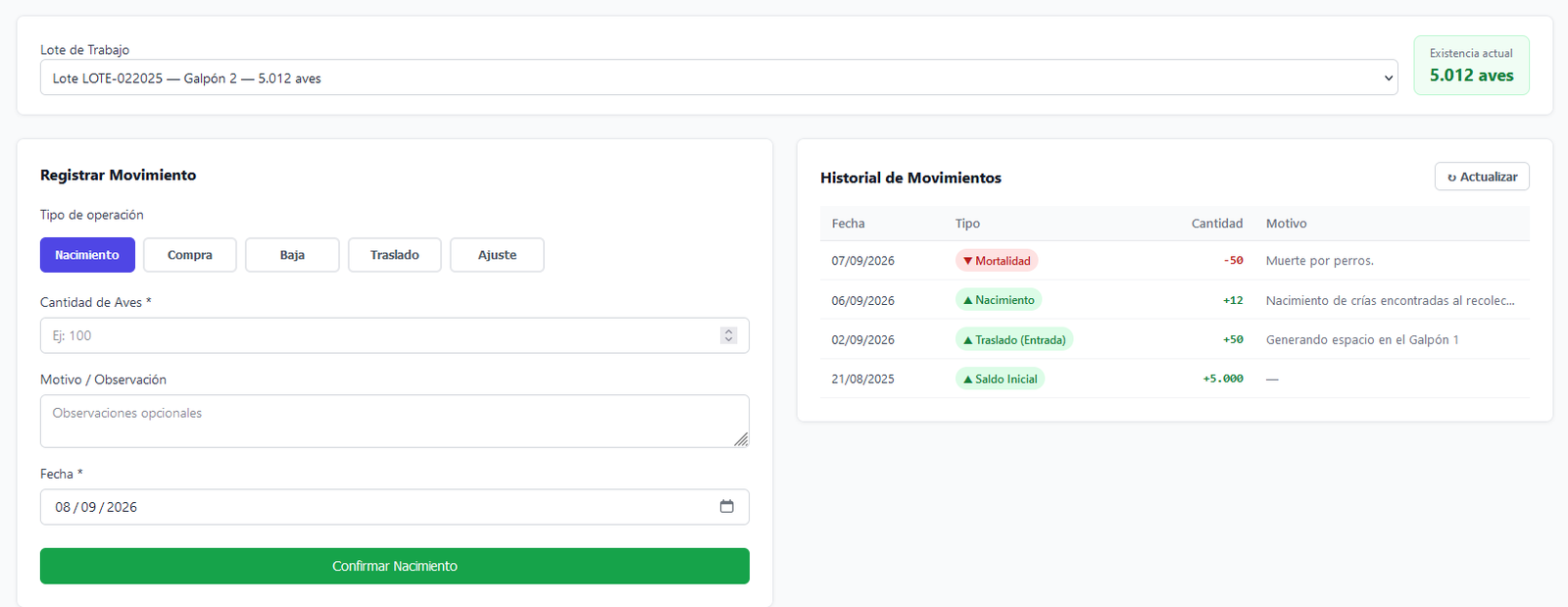 Registrar movimiento de aves (nacimiento, compra, baja, traslado, ajuste) e historial de movimientos con motivo
