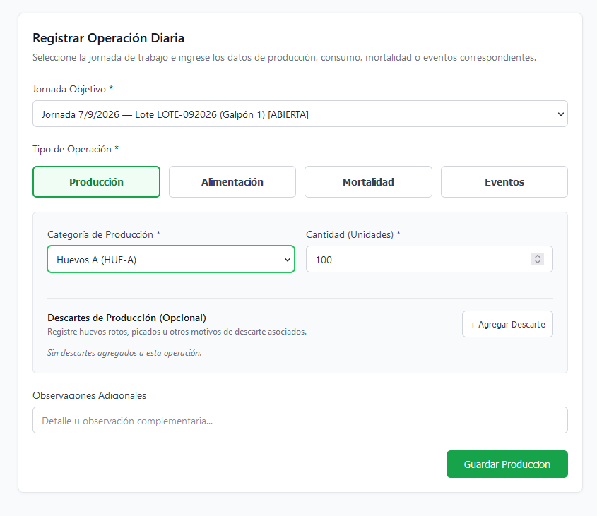 Registrar operación diaria: categoría de producción y cantidad de huevos cargados para el lote