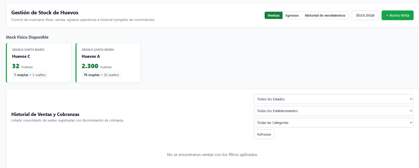 Gestión de stock de huevos: stock físico disponible por categoría e historial de ventas y cobranzas